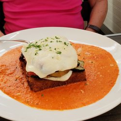 Tri Valley Bistro - FRIED POLENTA - red bell pepper, eggplant, portabella mushroom, winter squash, Cotija cheese, asparagus, creamy roasted bell pepper sauce