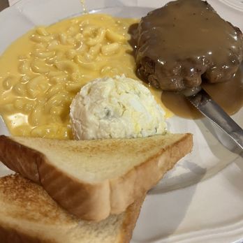 Rancho Cafe - Hamburger steak top with brown gravy potatoe salad mac and cheese and slice of toasted Texas toast - Seafood Near Me - Roma, Texas Rancho Cafe - Hamburger steak top with brown gravy potatoe salad mac and cheese and slice of toasted Texas toast - Seafood Near Me - Roma, Texas