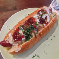 Man vs Food - Sauerkraut dog! JAY!