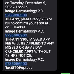 image Dermatology P.C. - Appointment reminder text from the office