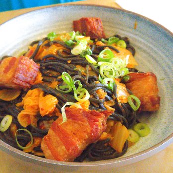 Dio Mio - Squid Ink Spaghetti with kimchi, pork belly - Italian Near Me - Denver, Colorado Dio Mio - Squid Ink Spaghetti with kimchi, pork belly - Italian Near Me - Denver, Colorado