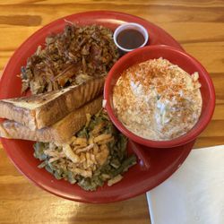 Lynnie Ques BBQ - Pulled Pork Dinner, with garlic bread, cole slaw, and  green bean caserole