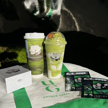 UG Tea - [L to R] Camellia Oolong Milk Tea & Matcha Cookie Smoothie, Lip Balm, Tote Bag - Bubble Tea Near Me - San Gabriel, California