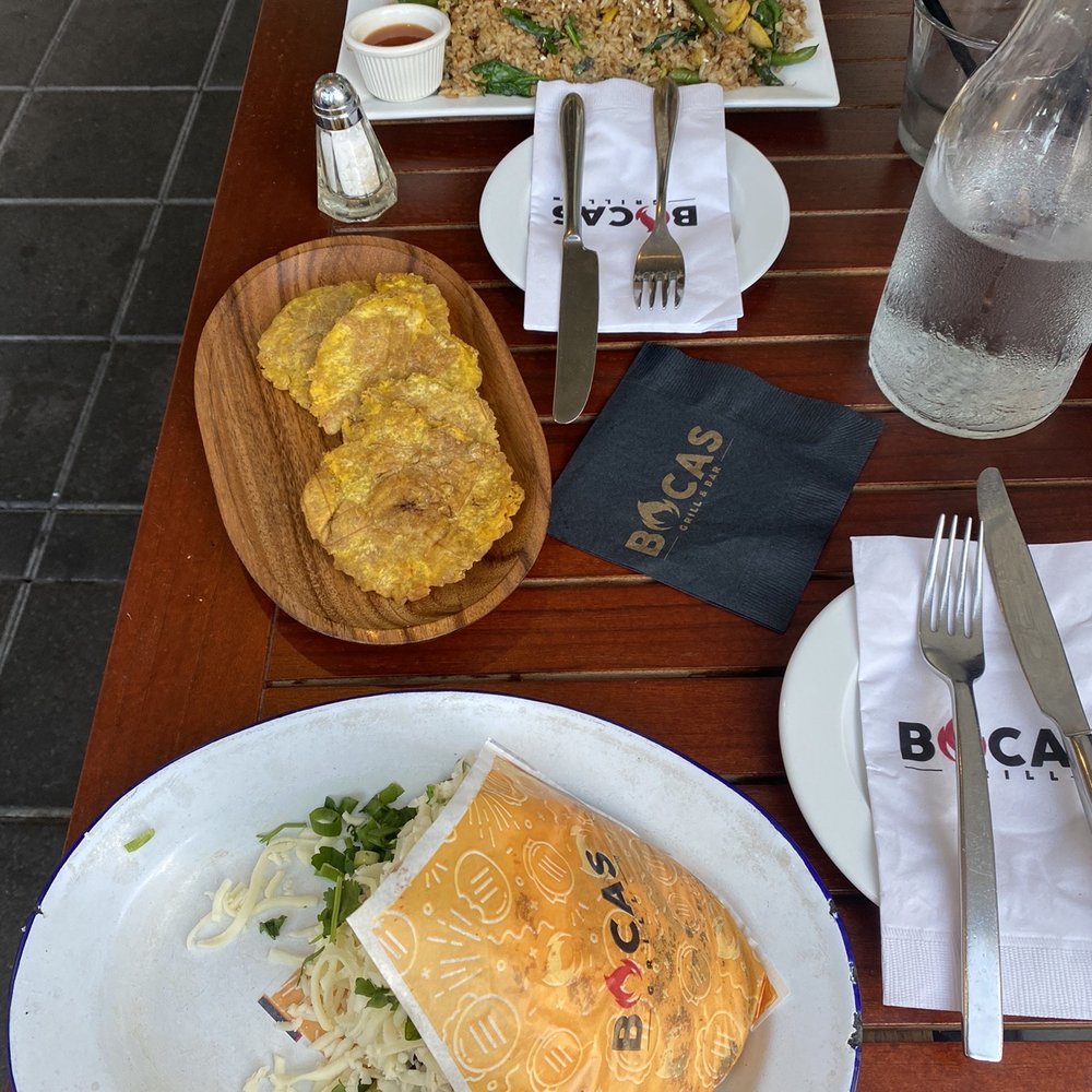 Bocas Grill Brickell - Veggie fried rice, fried green plantains and black bean arepas - Bars Near Me - Miami, Florida Bocas Grill Brickell - Veggie fried rice, fried green plantains and black bean arepas - Bars Near Me - Miami, Florida