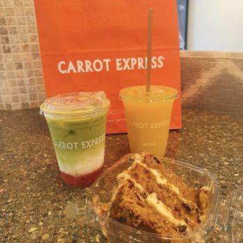 Carrot Express - Strawberry matcha, orange juice and carrot cake - Salad Near Me - Fort Lauderdale, Florida Carrot Express - Strawberry matcha, orange juice and carrot cake - Salad Near Me - Fort Lauderdale, Florida
