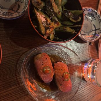 Blue Sushi Sake Grill - Charred Edamame & Cherry Bomb* - Sushi Bars Near Me - Chicago, Illinois Blue Sushi Sake Grill - Charred Edamame & Cherry Bomb* - Sushi Bars Near Me - Chicago, Illinois