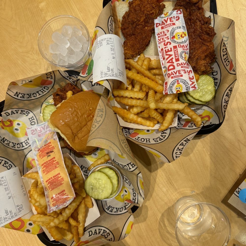 Dave's Hot Chicken - Chicken Hot Box - Tenders on top, chicken sandwich on bottom - Chicken Shop Near Me - Santa Clara, California
