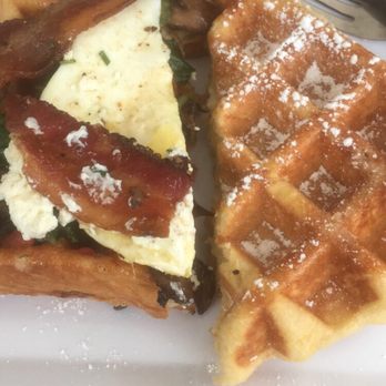 The Waffle Window - Half of the Whole Farm and half Pearl Sugar Waffle. Sharing with a friend means more to try! - Breakfast & Brunch Near Me - Portland, Oregon