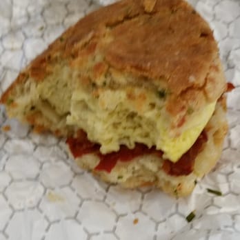 Klinger's Bread Company - Delicious breakfast sammy! Bacon, cheddar, and eggs on a scallion scone. - Bakeries Near Me - South Burlington, Vermont