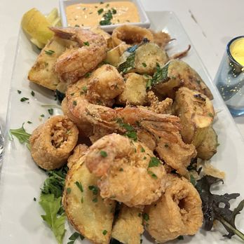 RoVino Restaurant + Bar - Fritto Misto includes fried shrimp, calamari, green and yellow zucchini - Italian Near Me - San Diego, California RoVino Restaurant + Bar - Fritto Misto includes fried shrimp, calamari, green and yellow zucchini - Italian Near Me - San Diego, California