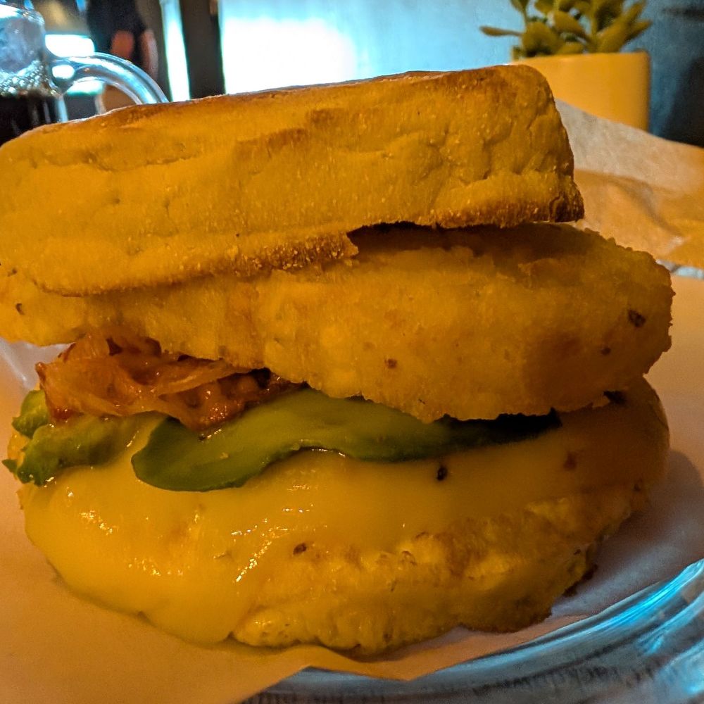 The Coffee Press - Mirror on English muffin with a hash brown - Coffee & Tea Near Me - Batavia, New York