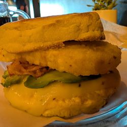 Mirror on English muffin with a hash brown