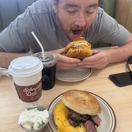 Egg and cheese sandwich, latte, cold brew