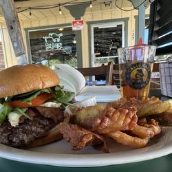 Bravo Burger, Frickles and onion rings on the patio