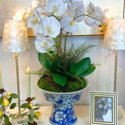 Gorgeous orchid arrangement in a chinoiserie bowl.