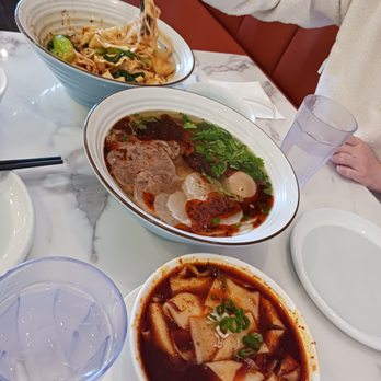Noodle Nest - From top: N7 (chili oil noodles), N1 (Lanzhou Beef Noodle Soup), S5/S6 (Silky Wide Noodles) - Chinese Near Me - Irvine, California