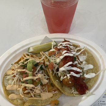 Los Mariscos - Enchilado Taco on left, Fish Taco on right. Watermelon Aguas Fresca on top - Mexican Near Me - New York, New York Los Mariscos - Enchilado Taco on left, Fish Taco on right. Watermelon Aguas Fresca on top - Mexican Near Me - New York, New York