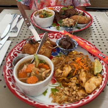 Farmhouse Kitchen Thai Cuisine - Two lunch specials (pad Thai and garlic eggplant and beef) with two apps and soup! - Thai Near Me - Berkeley, California