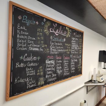 Lala’s Bagels - a menu on a blackboard - Bakeries Near Me - DeKalb, Illinois