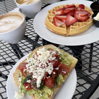 Morgan's Mill - Avocado toast with tomato, basil, and mozzarella. Waffle with strawberries. Latte & Mocha. - Coffee & Tea Near Me - Woodland, California Morgan's Mill - Avocado toast with tomato, basil, and mozzarella. Waffle with strawberries. Latte & Mocha. - Coffee & Tea Near Me - Woodland, California