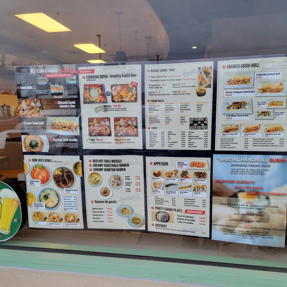 Chicago Sushi - Menu displayed outside the restaurant - Japanese Near Me - Des Plaines, Illinois Chicago Sushi - Menu displayed outside the restaurant - Japanese Near Me - Des Plaines, Illinois