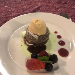 Tibio Chocolate--Molten Cake with ice cream and mint sauce. Yummy! Wished there was more of it.