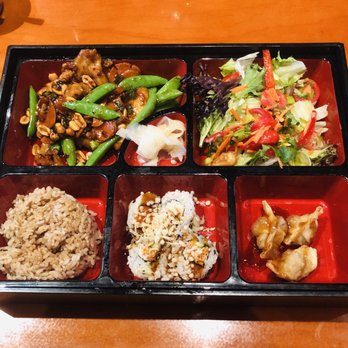 Pei Wei Asian Kitchen - Bento box with Kung pow chicken,spring salad, brown rice, teriyaki shrimp roll, with fried wonton. - Asian Fusion Near Me - Tustin, California Pei Wei Asian Kitchen - Bento box with Kung pow chicken,spring salad, brown rice, teriyaki shrimp roll, with fried wonton. - Asian Fusion Near Me - Tustin, California