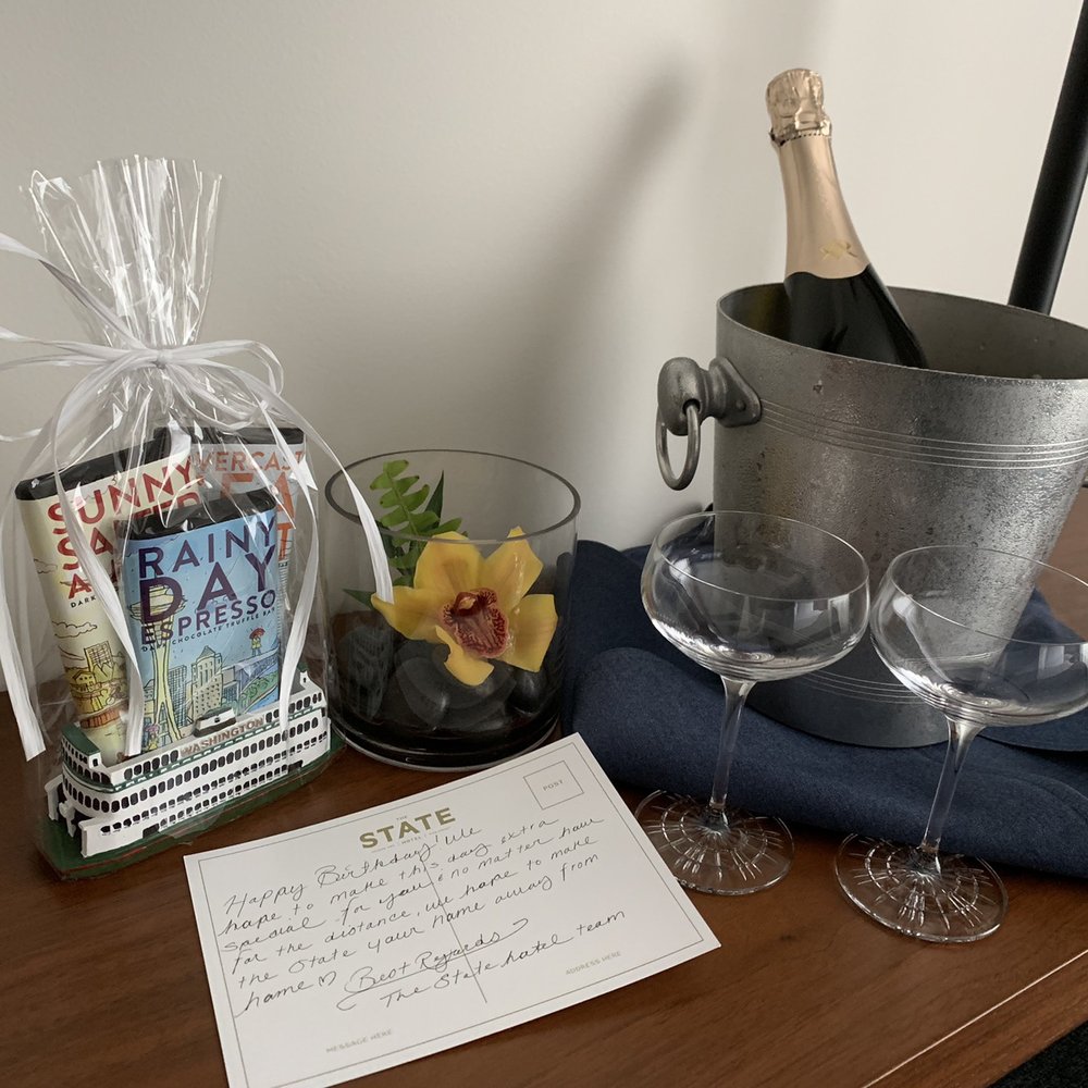 The State Hotel - Bday Surprise the staff put together for my boyfriend - local chocolates, flowers, champagne, and a hand written, personalized card. - Hotels Near Me - Seattle, Washington The State Hotel - Bday Surprise the staff put together for my boyfriend - local chocolates, flowers, champagne, and a hand written, personalized card. - Hotels Near Me - Seattle, Washington