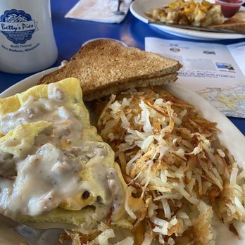 Betty's Pies - A sausage omelette with gravy on the side. - Desserts Near Me - Two Harbors, Minnesota Betty's Pies - A sausage omelette with gravy on the side. - Desserts Near Me - Two Harbors, Minnesota