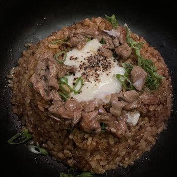KA Sushi - Duck Foie Yakimeshi: Five Spice duck confit scallions, foie gras, poached egg - Japanese Near Me - Houston, Texas