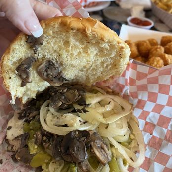 Real Burger - Inside of the turkey burger with onions and mushrooms. - Burgers Near Me - Santa Fe, New Mexico