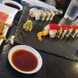 Kin D Thai & Sushi - Squd tentacles, shrimp tempura roll and spicy tuna roll.