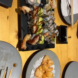 Rock Shrimp, Volcano Roll, Shrimp Tempura Roll, California roll, and Godzilla roll Rock Shrimp, Volcano Roll, Shrimp Tempura Roll, California roll, and Godzilla roll