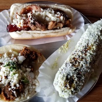 Imperial - Top: Bakersfield Sonoran Hot Dog; Bottom L: Papas Con Rajas Taco (no pineapple, relish or cilantro); Bottom R: Elote Especial (street corn) - Bars Near Me - Ferndale, Michigan Imperial - Top: Bakersfield Sonoran Hot Dog; Bottom L: Papas Con Rajas Taco (no pineapple, relish or cilantro); Bottom R: Elote Especial (street corn) - Bars Near Me - Ferndale, Michigan