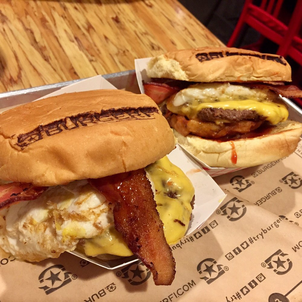 BurgerFi - Breakfast All Day (BAD) burgers - beef patty, hash brown, cheddar cheese, fried egg, bacon, maple syrup - Burgers Near Me - West Palm Beach, Florida BurgerFi - Breakfast All Day (BAD) burgers - beef patty, hash brown, cheddar cheese, fried egg, bacon, maple syrup - Burgers Near Me - West Palm Beach, Florida