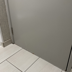 Reservation Counter - Bathroom of Camarillo Holiday Inn - Water damage to wall molding, and door with no repairs .