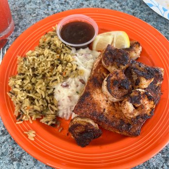 Conch Cafe - Salmon with Shrimp - Seafood Near Me - Garden City, South Carolina