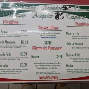 Mercado Acapulco - Menu (2 of 2). Plates, quesadillas, weekend menu. - Mexican Near Me - Atlanta, Georgia