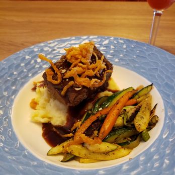 Fairway Cafe - 12hr boneless shortribs with yellow potato puree and spring vegetables. - New American Near Me - San Jacinto, California