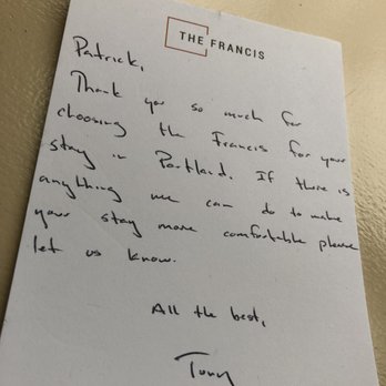 The Francis - Handwritten welcome notes are a nice touch. - Hotels Near Me - Portland, Maine The Francis - Handwritten welcome notes are a nice touch. - Hotels Near Me - Portland, Maine