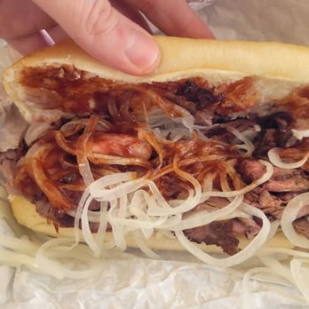 Smoke House Pit Beef - Pit Beef hoagie with raw onions and barbecue sauce - Barbeque Near Me - Middle River, Maryland