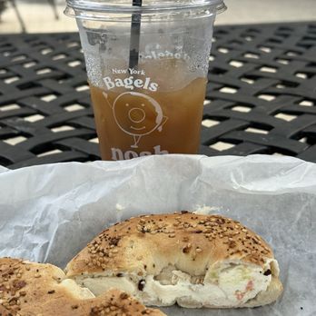 Nosh NY Bagels - Veggie bagel, scooped out with lox CC and cold brew - Bagels Near Me - Hilton Head Island, South Carolina