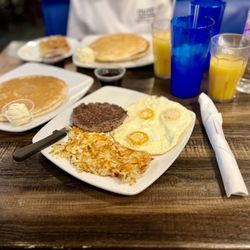 Bluewater Resort & Casino - Hamburger patty and eggs, hash brown with a pancake instead of toast.