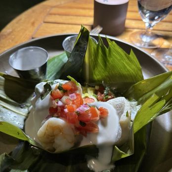 Brown's Beach House - Ti Leaf Wrapped Kanpachi AFTER opening   Sweet Potato, Tiger Shrimp, Bok Choy, Coconut-Orchid Honey Sauc - Hawaiian Near Me - Kohala Coast, Hawaii