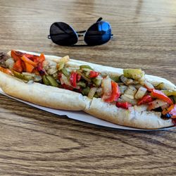 Jim and Paul's SuperDog - Foot long Italian sausage, peppers and onions