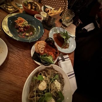 Firefly - Tuna Tartare, steak frites, Brussels Sprouts, and mushroom tagliatelle, - New American Near Me - Studio City, California