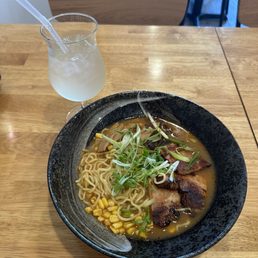 Spicy Miso Ramen with sparkling lychee drink