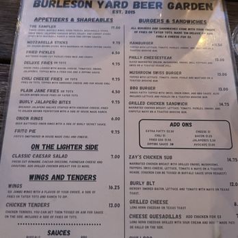 Burleson Yard Beer Garden - Menu - New American Near Me - San Antonio, Texas