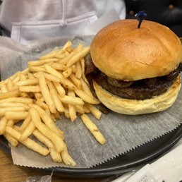 Novelty Eats - Filthy Burger; Burger top with Pulled Pork and Beacon - food, burger, burgers - Comfort Food Near Me - Bronx, New York