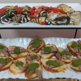 Ajar  artisan foods - Catering event: Grilled Balsamic Eggplant with Stuffed Ricotta 

Steak Crostini w/ in house chimmichuri - Personal Chefs Near Me
